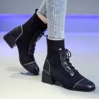 Paneled Lace-up Block-heel Short Boots