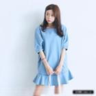 Short-sleeve Ruffle-hem Denim Dress