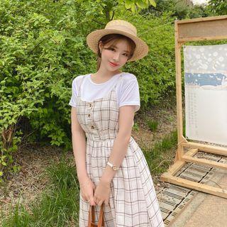 Set: Plaid Midi Overall Dress + T-shirt Ivory - One Size