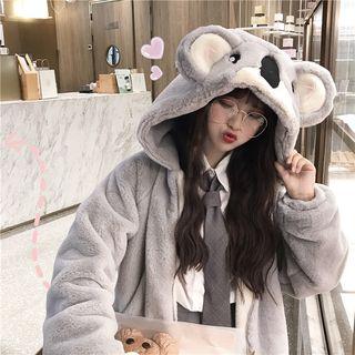 Koala Embroidered Zip Hooded Jacket Gray - One Size