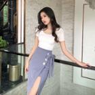 Plain Short-sleeve Slim-fit Top/ High-waist Midi Skirt