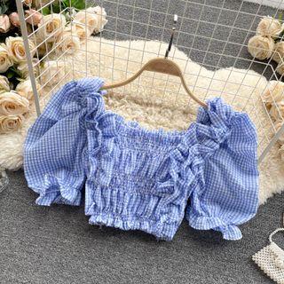 Short-sleeve Check Crop Top