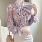 Tie-neck Lace-trim Floral Chiffon Blouse