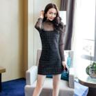 Set: Mesh Long-sleeve Top + Tweed Spaghetti Strap Dress