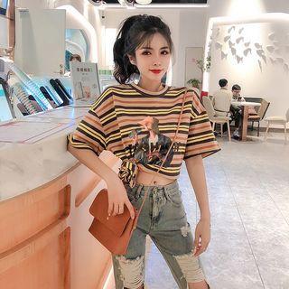 Short-sleeve Striped T-shirt / Ripped Straight-cut Jeans / Set