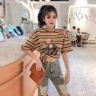 Short-sleeve Striped T-shirt / Ripped Straight-cut Jeans / Set