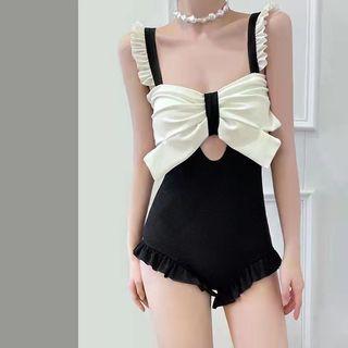 Sleeveless Two-tone Ruffle Trim Swimsuit