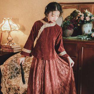 Set: Velvet Blouse + Lace Midi Skirt