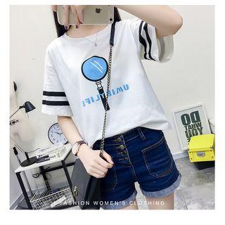 Elbow-sleeve Striped Panel T-shirt White - One Size