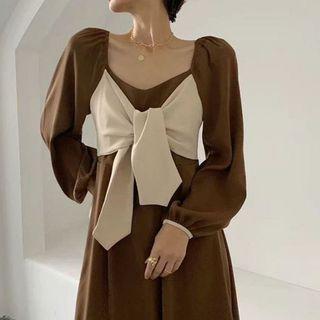 Long-sleeve Square Neck Plain Bow Accent Midi Dress