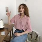 Plain V-neck Collared Elbow-sleeve Blouse