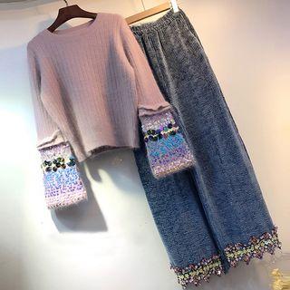 Set: Sequined Sweater + Wide-leg Pants