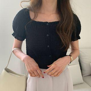 Puff-sleeve Square Neck Plain Ruched Slim Fit Button Top