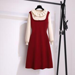 Long-sleeve Mock Two-piece Collared Knit Dress Beige & Red - One Size