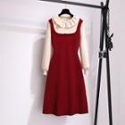 Long-sleeve Mock Two-piece Collared Knit Dress Beige & Red - One Size