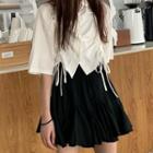 Irregular Drawstring Short-sleeve Blouse / Pleated Ruched A-line Skirt