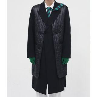 Long-sleeve Plain Long Coat Panel Padded Vest