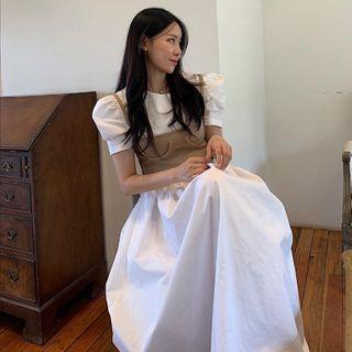 Puff-sleeve Midi A-line Dress / Cropped Camisole
