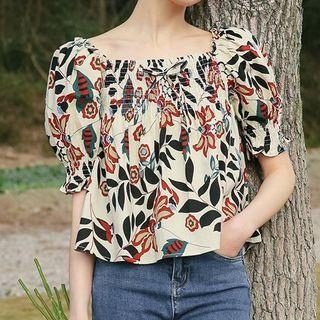 Short-sleeve Floral Print Blouse Red & Green & Black Floral - Beige - One Size
