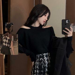 Long-sleeve Cold Shoulder Knit Top / Plaid Knit Mini Pencil Skirt