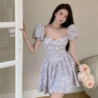 Off-shoulder V-neck Floral Print Slim-fit Dress