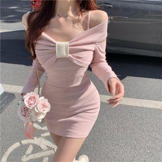 Spaghetti Strap Mini Bodycon Dress / Long-sleeve Crop Top
