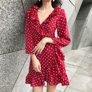 Long-sleeve Polka Dot Ruffled Mini Wrap Dress