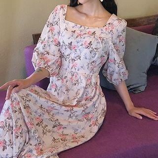 Floral Print Square-neck Midi Dress As Shown In Figure - One Size