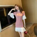 Checked Dotted Ruffle Trim Short-sleeve Qipao