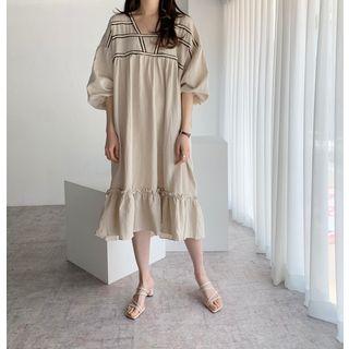 Contrast Trim Elbow-sleeve Midi Dress