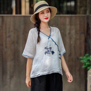 V-neck Embroidered Frog-button Blouse
