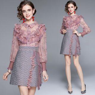 Long-sleeve Ruffle Trim Lace Panel Mini A-line Dress