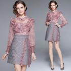 Long-sleeve Ruffle Trim Lace Panel Mini A-line Dress