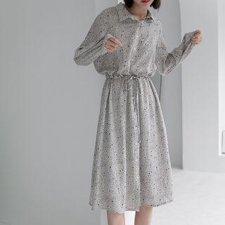 Long-sleeve Printed Midi A-line Shirt Dress