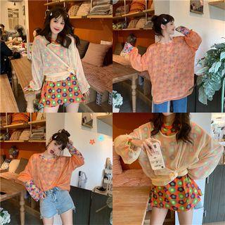 Flower Print Long-sleeve T-shirt / Crew-neck Long-sleeve Top