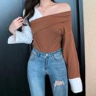 One-shoulder Long-sleeve Two-tone Top