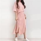 Set: Relaxed-fit Elbow-sleeve Top + Pintuck Midi Skirt