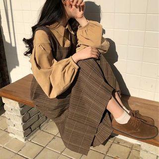Set: Balloon-sleeve Shirt + Plaid Midi Pinafore Dress