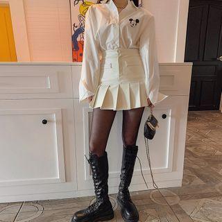 Fly-front Pleated-hem Mini Skirt