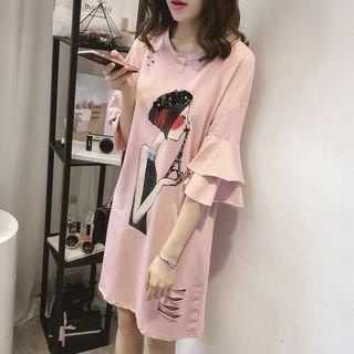 Printed Elbow Sleeve Ripped T-shirt Dress