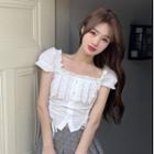 Short-sleeve Ruffle Trim Blouse / Plaid Mini Skirt