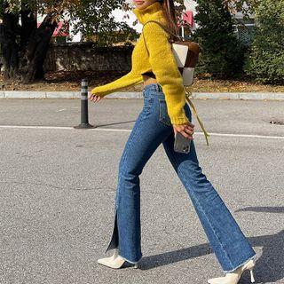 Deep-slit Frayed Boot-cut Jeans