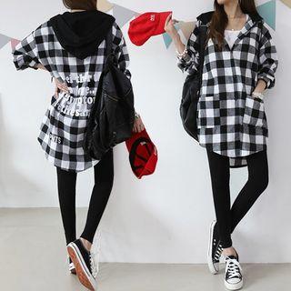 Hooded Lettered Checked Shirt