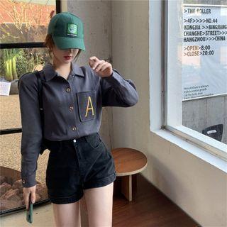 Letter Embroidered Shirt Dark Gray - One Size