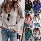 Long Sleeve V-neck Ribbed-knit Loose-fit Sweater