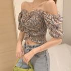 Floral Short-sleeve Drawstring Cropped Blouse Pink - One Size