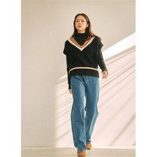 V-neck Contrast-trim Cable-knit Vest Black - One Size