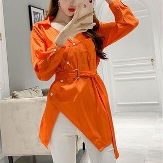 Asymmetric Tie-waist Plain Shirt