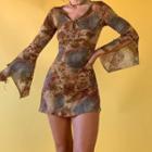 Floral Print V-neck Flared Sleeve Mini A-line Dress