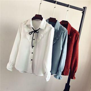 Bow Frilled Chevron Long-sleeve Blouse